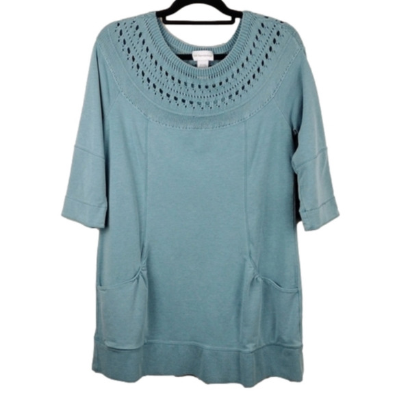 Soft Surroundings Teal Crochet Crew Neck 3/4 Sleeve Pullover Mini Shift Dress - Picture 1 of 7
